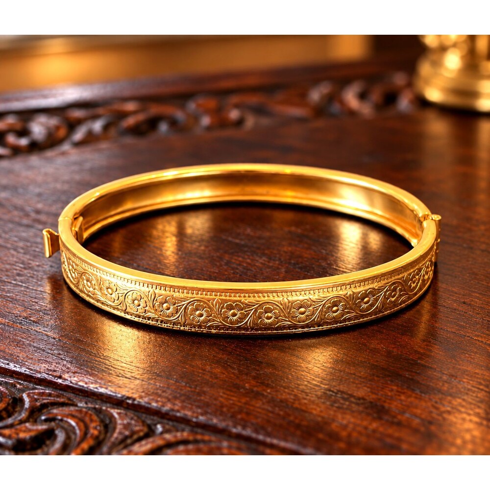 Vintage 1950s Gold Filled Bracelet Fine Floral Engraved Bangle - 15H